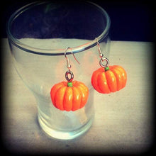 Load image into Gallery viewer, Pumpkin earrings Vegan jewelry Vegetable earrings Food jewelry Thanksgiving Roast dinner Halloween earrings Gauged earrings Tunnel dangles