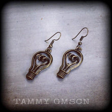 Load image into Gallery viewer, Light bulb earrings Electricity earrings Light globe Edison earrings Nerd earrings Science earrings 3mm Tunnel dangles 8mm Plug earrings 0g