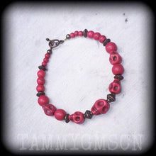 Load image into Gallery viewer, Skull bracelet, Kali Maa jewelry, Red skull jewelry, Gothic bracelet, Stone bracelet, Santeria bracelet, Los Muertos jewelry, Emo bracelet