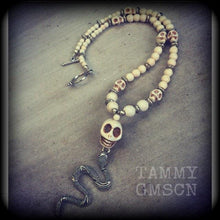 Load image into Gallery viewer, Damballah necklace Snake necklace Snake pendant 'Ascending Snake' Voodoo Loa Goddess White howlite stone skull and antique silver necklace