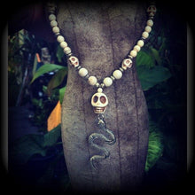Load image into Gallery viewer, Damballah necklace Snake necklace Snake pendant 'Ascending Snake' Voodoo Loa Goddess White howlite stone skull and antique silver necklace