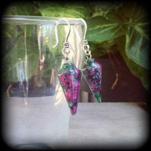 Load image into Gallery viewer, 3mm 8 gauge ear Weights Stone ear Hangers Ruby in Fuchsite Gemstone 4 gauge Tunnel dangles 2 gauge Gauged earrings 0 gage 10mm Plug dangles