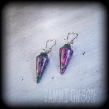 Load image into Gallery viewer, 3mm 8 gauge ear Weights Stone ear Hangers Ruby in Fuchsite Gemstone 4 gauge Tunnel dangles 2 gauge Gauged earrings 0 gage 10mm Plug dangles