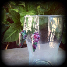 Load image into Gallery viewer, 3mm 8 gauge ear Weights Stone ear Hangers Ruby in Fuchsite Gemstone 4 gauge Tunnel dangles 2 gauge Gauged earrings 0 gage 10mm Plug dangles