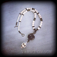 Load image into Gallery viewer, Damballah necklace Snake necklace Skull necklace 'Ascending Snake'  Voodoo Loa Goddess White howlite stone skull and antique bronze necklace