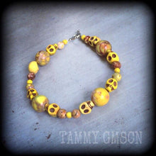 Load image into Gallery viewer, Halloween skull bracelet Los Muertos bracelet Day of the Dead bracelet Voodoo bracelet Santeria Skull bracelet Rigor Mortis Jasper bracelet