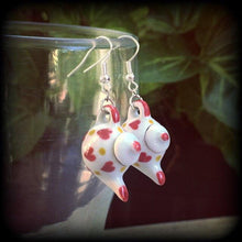 Load image into Gallery viewer, Tea Pot earrings Heart earrings Retro earrings Alice in Wonderland Devonshire Tea Tunnel earrings Queen of hearts Pierced ears Plug earrings