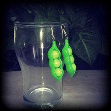 Load image into Gallery viewer, Pea Pod earrings, Vegetable earrings, Food jewelry, Muchies earrings, Vegan earrings, Gufts for vegans, For pierced ears or stretched lobes