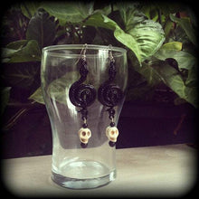 Load image into Gallery viewer, Damballah earrings, Serpent earrings, Vodou earrings, Haitian Vodou, Danballa, Tunnel earrings, Plug dangles, Ear hangers, Pierced ears 2g