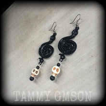 Load image into Gallery viewer, Damballah earrings, Serpent earrings, Vodou earrings, Haitian Vodou, Danballa, Tunnel earrings, Plug dangles, Ear hangers, Pierced ears 2g