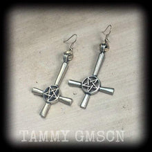 Load image into Gallery viewer, Inverted Cross earrings, Inverted pentagram earrings, Church of Satan, Tunnel earrings, Gothic jewelry, Occult jewelry, Pierced Ears 20g