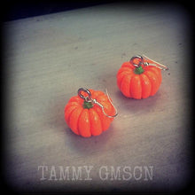 Load image into Gallery viewer, Pumpkin earrings Vegan jewelry Vegetable earrings Food jewelry Thanksgiving Roast dinner Halloween earrings Gauged earrings Tunnel dangles