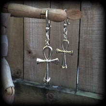 Load image into Gallery viewer, 2 gauge tunnel dangles 6mm plug earrings Ankh ear hangers Egyptian ear weights 00 gauge Tunnel weights Hanging gauges 0 gauge Plug dangles