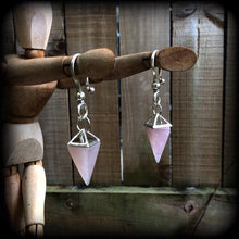 Load image into Gallery viewer, Rose Quartz earrings Gemstone earrings Dangle earrings Boho earrings Pink earrings Pagan earrings Pyramid earrings Crystal Quartz Gauges