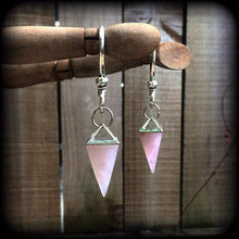 Load image into Gallery viewer, Rose Quartz earrings Gemstone earrings Dangle earrings Boho earrings Pink earrings Pagan earrings Pyramid earrings Crystal Quartz Gauges