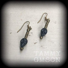 Load image into Gallery viewer, Ogoun earrings, Skull earrings, Loa jewelry, Black skull earrings, Antique Bronze earrings, Voodou, Santeria earrings, Voodoo earrings 20g