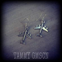 Load image into Gallery viewer, Plane earrings Air plane earrings Cute earrings Retro earrings Kitsch earrings Gifts for her Pierced ears Stretched lobes Tapers Plugs