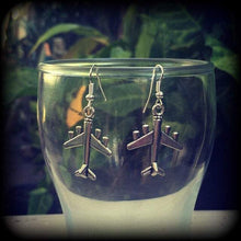 Load image into Gallery viewer, Plane earrings Air plane earrings Cute earrings Retro earrings Kitsch earrings Gifts for her Pierced ears Stretched lobes Tapers Plugs