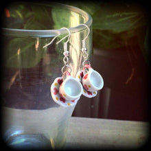 Load image into Gallery viewer, Tea cup earrings Tea Party Heart earrings Tea cup jewelry Alice in Wonderland 5mm Tunnel earrings 4mm Tunnel dangles 3mm Plug earrings Plugs