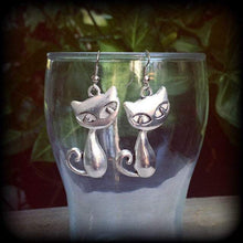 Load image into Gallery viewer, Cat earrings, Familiar jewelry, Witches earrings, Witches familiar, Pagan jewelry, Animal earrings, Pierced ears, Halloween earrings, Gauges