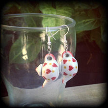 Load image into Gallery viewer, Tea Pot earrings Heart earrings Retro earrings Alice in Wonderland Devonshire Tea Tunnel earrings Queen of hearts Pierced ears Plug earrings
