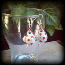 Load image into Gallery viewer, Tea Pot earrings Heart earrings Retro earrings Alice in Wonderland Devonshire Tea Tunnel earrings Queen of hearts Pierced ears Plug earrings