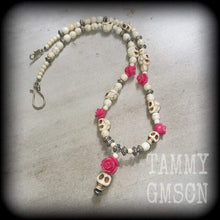 Load image into Gallery viewer, Skull necklace Day of the Dead 'Rosa' White Stone Skull and Baby Pink ceramic rose necklace for Halloween Los Muertos Santeria