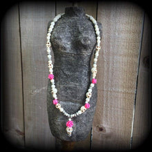 Load image into Gallery viewer, Skull necklace Day of the Dead 'Rosa' White Stone Skull and Baby Pink ceramic rose necklace for Halloween Los Muertos Santeria