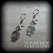Load image into Gallery viewer, Bird cage earrings, Dove earrings, Blue Bird earrings, Boho earrings, Gifts for her, Sailor Jerry earrings, Animal jewelry, Bird jewelry