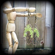 Load image into Gallery viewer, Gemstone ear weights Peridot ear hangers Gemstone Tunnel dangles Tree of life Gauged earrings Tunnels earrings Plug earrings 00g 0g 2g 4g 6g