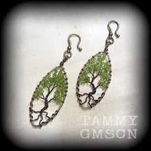 Load image into Gallery viewer, Gemstone ear weights Peridot ear hangers Gemstone Tunnel dangles Tree of life Gauged earrings Tunnels earrings Plug earrings 00g 0g 2g 4g 6g