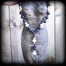 Load image into Gallery viewer, Baron Samedi Voodoo Loa Black Skull and Inverted stone cross necklace 'Samedi' Black and Dirty White Howlite Stone Rosary Bead Necklace