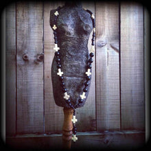 Load image into Gallery viewer, Baron Samedi Voodoo Loa Black Skull and Inverted stone cross necklace 'Samedi' Black and Dirty White Howlite Stone Rosary Bead Necklace