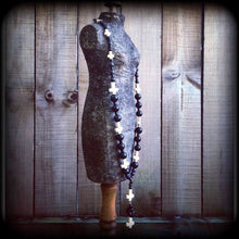 Load image into Gallery viewer, Baron Samedi Voodoo Loa Black Skull and Inverted stone cross necklace 'Samedi' Black and Dirty White Howlite Stone Rosary Bead Necklace