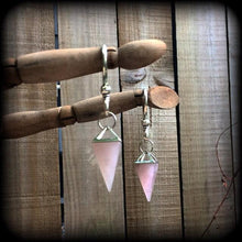 Load image into Gallery viewer, Rose Quartz earrings Gemstone earrings Dangle earrings Boho earrings Pink earrings Pagan earrings Pyramid earrings Crystal Quartz Gauges