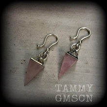 Load image into Gallery viewer, Rose Quartz earrings Gemstone earrings Dangle earrings Boho earrings Pink earrings Pagan earrings Pyramid earrings Crystal Quartz Gauges