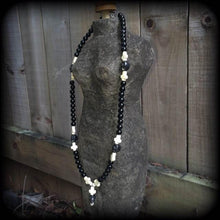 Load image into Gallery viewer, Voodoo necklace Skull necklace Baron Samedi necklace Inverted cross necklace Evil Rosary Beads Halloween necklace Loa necklace Stone choker