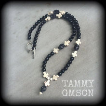 Load image into Gallery viewer, Voodoo necklace Skull necklace Baron Samedi necklace Inverted cross necklace Evil Rosary Beads Halloween necklace Loa necklace Stone choker