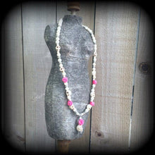 Load image into Gallery viewer, Skull necklace Day of the Dead 'Rosa' White Stone Skull and Baby Pink ceramic rose necklace for Halloween Los Muertos Santeria
