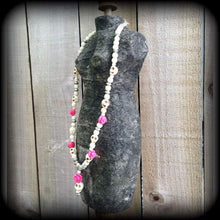 Load image into Gallery viewer, Skull necklace Day of the Dead 'Rosa' White Stone Skull and Baby Pink ceramic rose necklace for Halloween Los Muertos Santeria