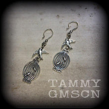 Load image into Gallery viewer, Bird cage earrings, Dove earrings, Blue Bird earrings, Boho earrings, Gifts for her, Sailor Jerry earrings, Animal jewelry, Bird jewelry