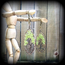 Load image into Gallery viewer, Gemstone ear weights Peridot ear hangers Gemstone Tunnel dangles Tree of life Gauged earrings Tunnels earrings Plug earrings 00g 0g 2g 4g 6g
