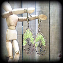 Load image into Gallery viewer, Gemstone ear weights Peridot ear hangers Gemstone Tunnel dangles Tree of life Gauged earrings Tunnels earrings Plug earrings 00g 0g 2g 4g 6g