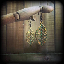 Load image into Gallery viewer, Leaf earrings Goddess jewelry Nature jewelry Plug earrings Patina earrings Wicca jewelry Gauged earrings 3mm tunnel dangles 8mm plug dangles