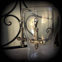 Load image into Gallery viewer, Inverted Cross earrings Gothic earrings Antichrist jewelry Plug earrings St Peters cross Occult earrings Church of Satan Tunnel earrings 3mm