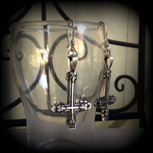 Load image into Gallery viewer, Inverted Cross earrings Gothic earrings Antichrist jewelry Plug earrings St Peters cross Occult earrings Church of Satan Tunnel earrings 3mm
