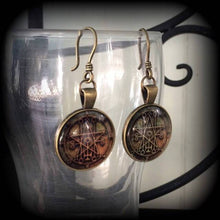 Load image into Gallery viewer, Sigil earrings Occult earrings Sigil of Astaroth earrings Lucifer Church of Satan Temple of Set Pierced ears French hooks 00g 0g 2g 4g 6g 8g