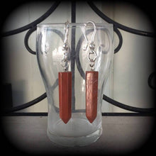 Load image into Gallery viewer, Jasper earrings, Red Jasper points, Dangly gemstone earrings, Pendulum earrings, Crystal earrings, Witchy earrings, Plug earrings, Tunnels