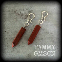 Load image into Gallery viewer, Jasper earrings, Red Jasper points, Dangly gemstone earrings, Pendulum earrings, Crystal earrings, Witchy earrings, Plug earrings, Tunnels