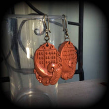 Load image into Gallery viewer, Lotus earrings Abacus earrings Carved Wood earrings Chinese earrings Wood earrings Flower earrings for pierced ears or stretched ears Gauges